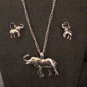 Silver necklace with elephant pendant and earrings